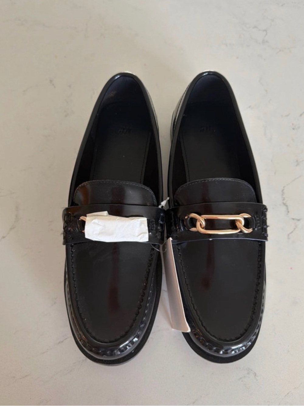 H&M Black Patent Leather Women's Loafers with Gold Chain SIZE 8 NWT